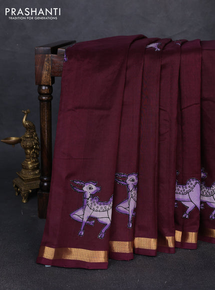 Silk cotton saree wine shade with kalamkari applique work and zari woven border