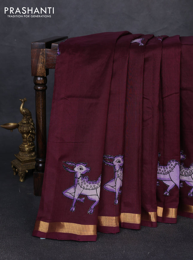 Silk cotton saree wine shade with kalamkari applique work and zari woven border
