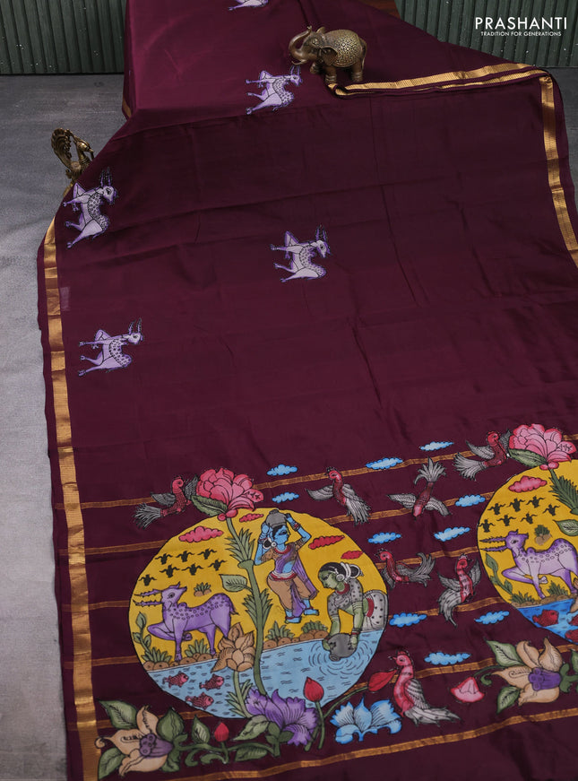 Silk cotton saree wine shade with kalamkari applique work and zari woven border