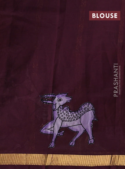 Silk cotton saree wine shade with kalamkari applique work and zari woven border