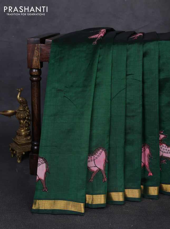 Silk cotton saree bottle green with kalamkari applique work and zari woven border