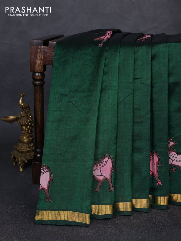 Silk cotton saree bottle green with kalamkari applique work and zari woven border