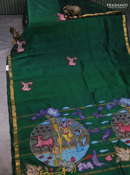 Silk cotton saree bottle green with kalamkari applique work and zari woven border