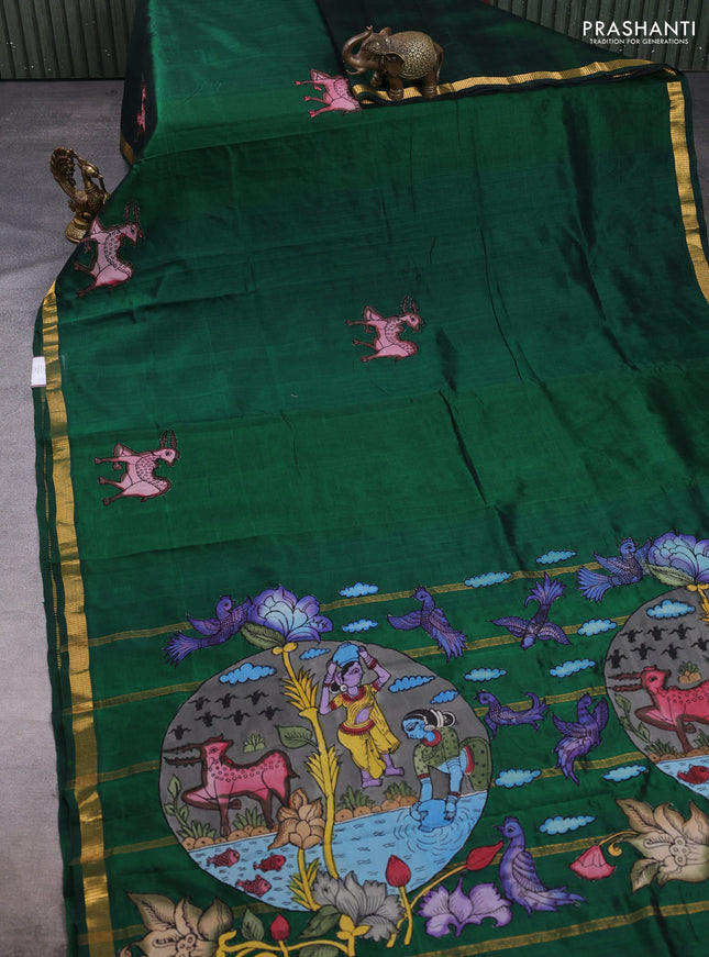 Silk cotton saree bottle green with kalamkari applique work and zari woven border