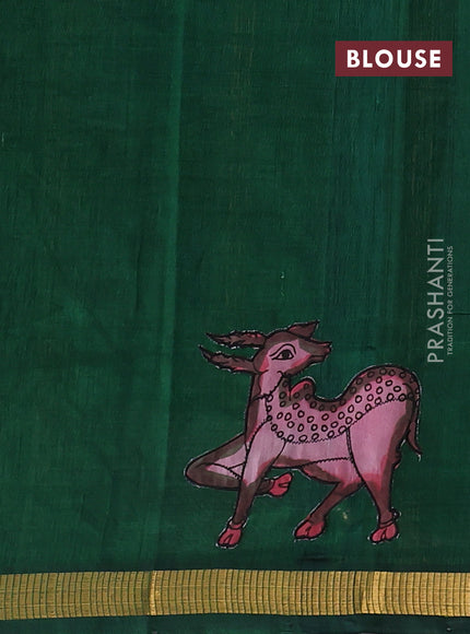 Silk cotton saree bottle green with kalamkari applique work and zari woven border