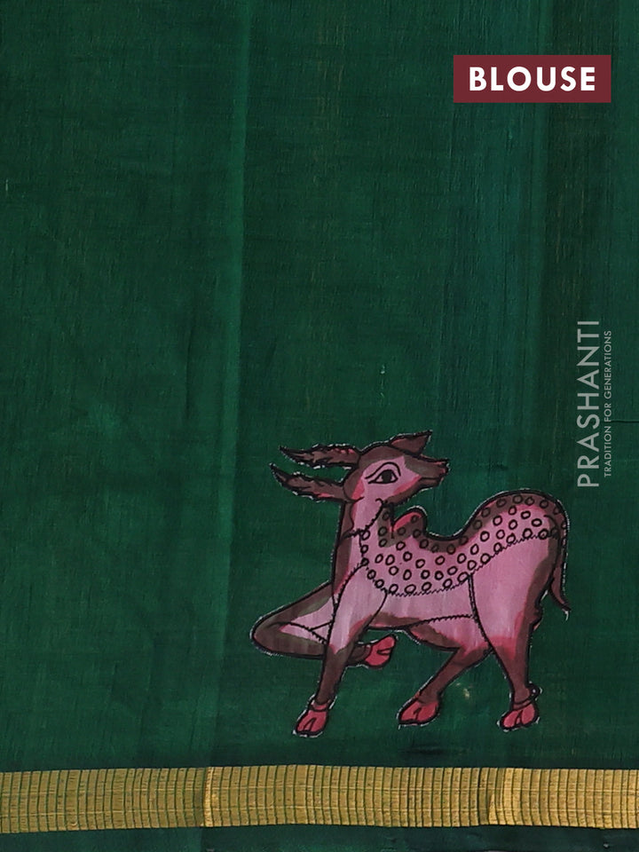 Silk cotton saree bottle green with kalamkari applique work and zari woven border