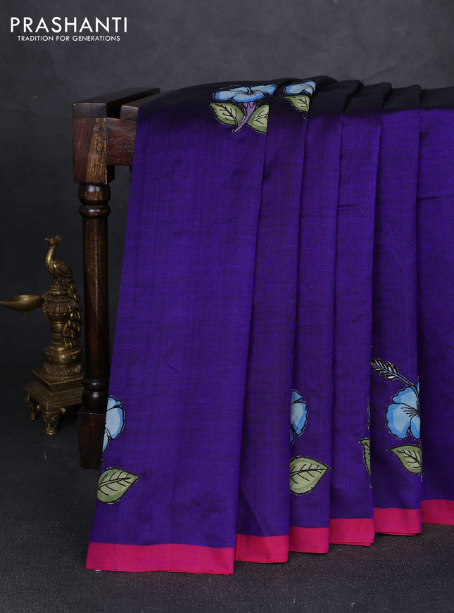 Silk cotton saree violet and pink with kalamkari applique work and piping border