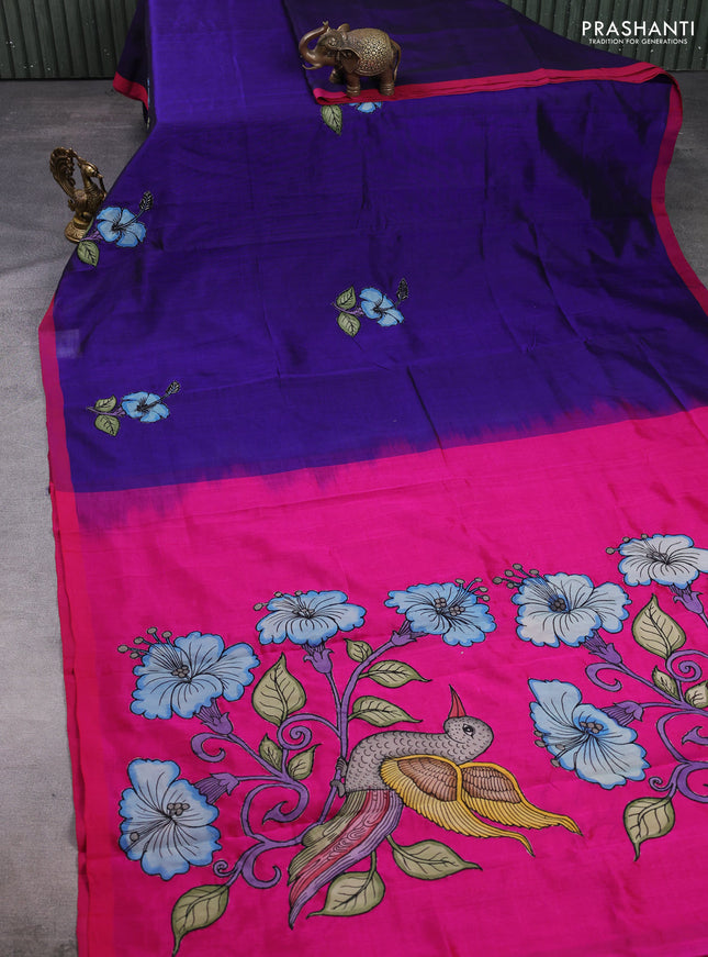 Silk cotton saree violet and pink with kalamkari applique work and piping border