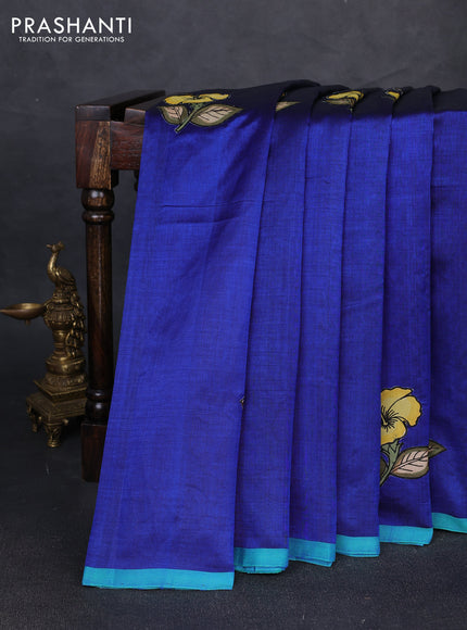 Silk cotton saree blue and teal blue with kalamkari applique work and piping border