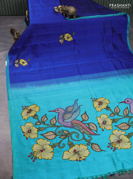 Silk cotton saree blue and teal blue with kalamkari applique work and piping border