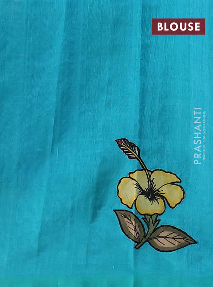 Silk cotton saree blue and teal blue with kalamkari applique work and piping border