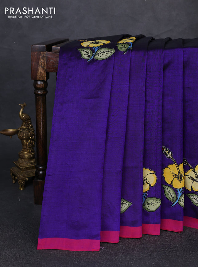 Silk cotton saree blue and pink with kalamkari applique work and piping border