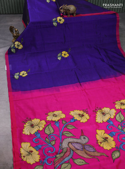 Silk cotton saree blue and pink with kalamkari applique work and piping border