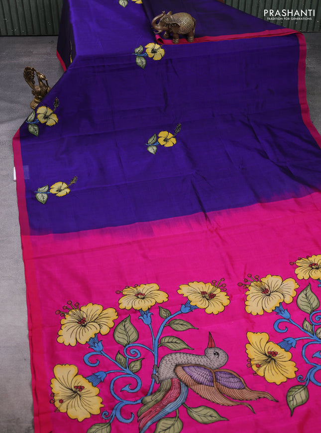 Silk cotton saree blue and pink with kalamkari applique work and piping border