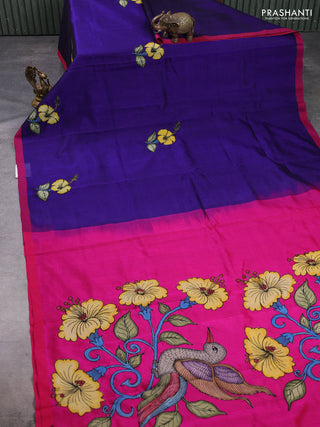 Silk cotton saree blue and pink with kalamkari applique work and piping border