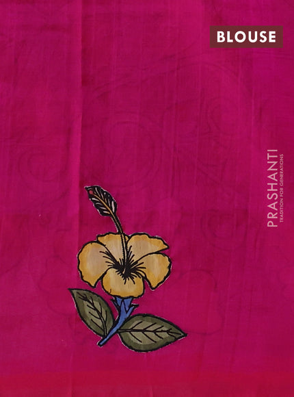 Silk cotton saree blue and pink with kalamkari applique work and piping border