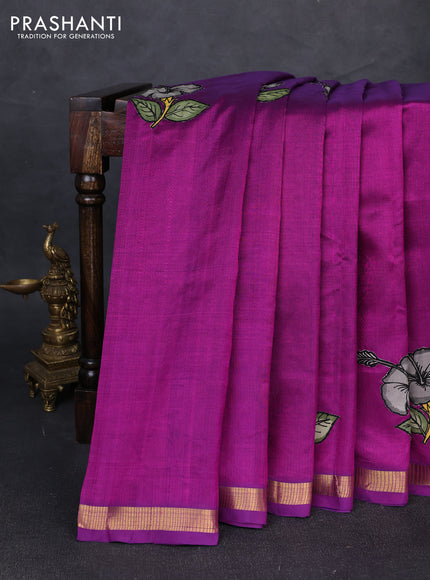 Silk cotton saree purple with kalamkari applique work and zari woven border