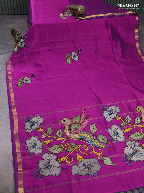 Silk cotton saree purple with kalamkari applique work and zari woven border