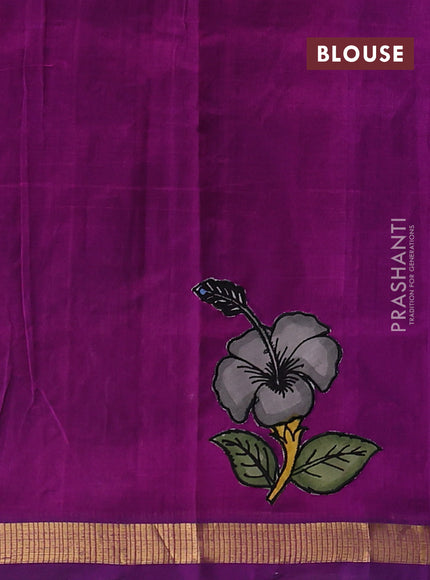 Silk cotton saree purple with kalamkari applique work and zari woven border