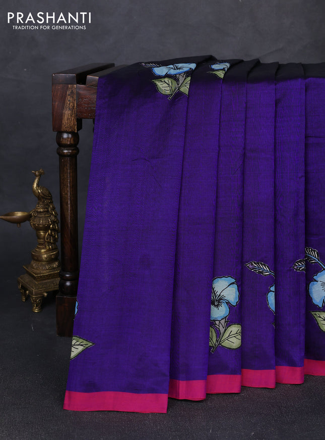 Silk cotton saree violet and pink with kalamkari applique work and piping border