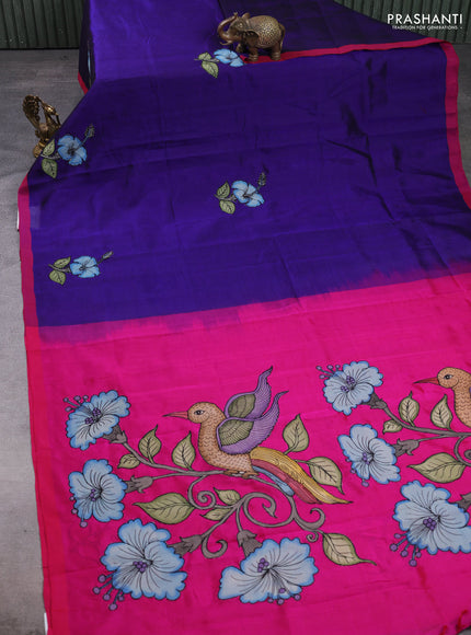 Silk cotton saree violet and pink with kalamkari applique work and piping border