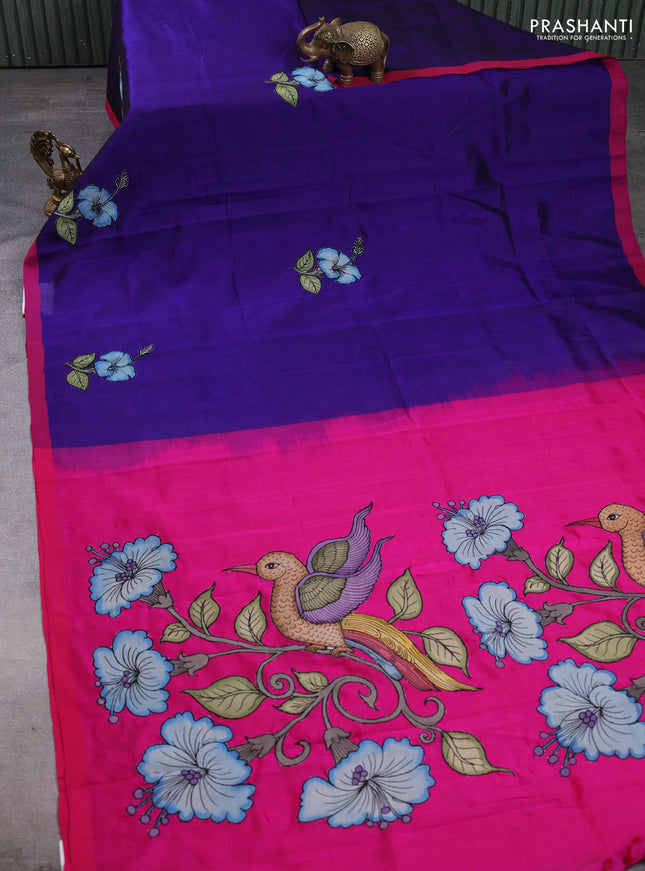 Silk cotton saree violet and pink with kalamkari applique work and piping border