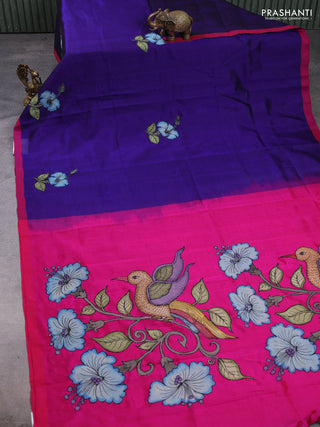 Silk cotton saree violet and pink with kalamkari applique work and piping border