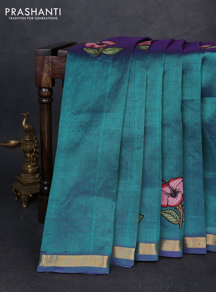 Silk cotton saree dual shade of peacock green with kalamkari applique work and zari woven border