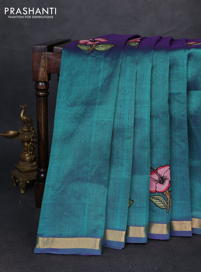 Silk cotton saree dual shade of peacock green with kalamkari applique work and zari woven border