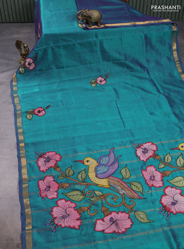 Silk cotton saree dual shade of peacock green with kalamkari applique work and zari woven border