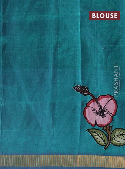 Silk cotton saree dual shade of peacock green with kalamkari applique work and zari woven border