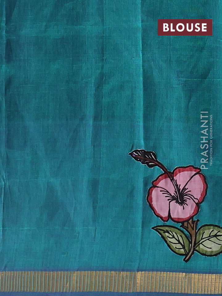 Silk cotton saree dual shade of peacock green with kalamkari applique work and zari woven border