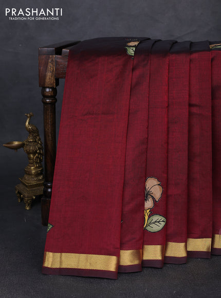 Silk cotton saree deep maroon with kalamkari applique work and zari woven border