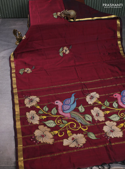Silk cotton saree deep maroon with kalamkari applique work and zari woven border