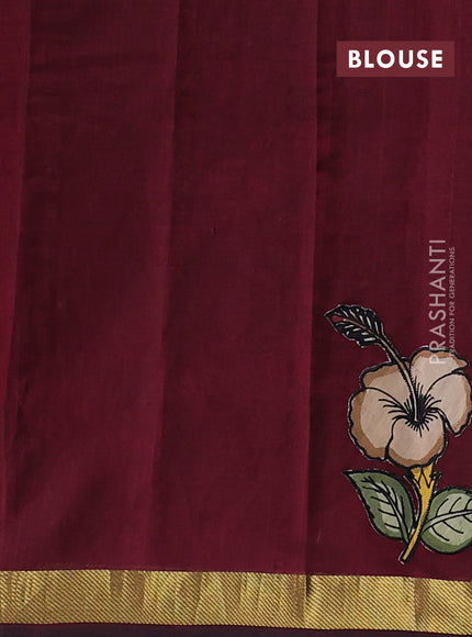 Silk cotton saree deep maroon with kalamkari applique work and zari woven border