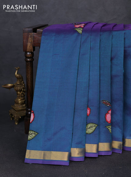 Silk cotton saree dual shade of peacock green with kalamkari applique work and zari woven border