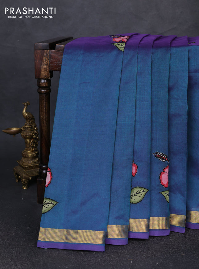 Silk cotton saree dual shade of peacock green with kalamkari applique work and zari woven border