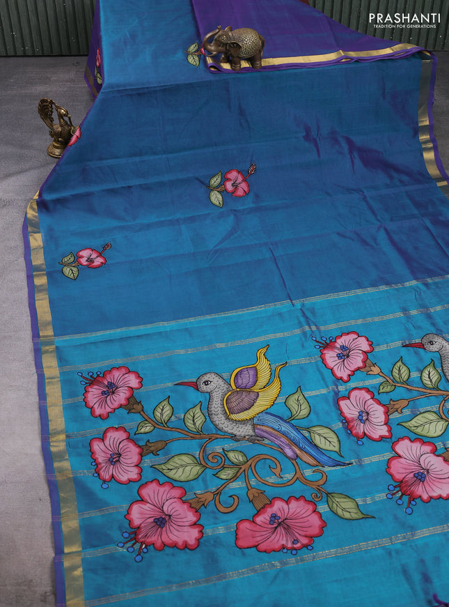 Silk cotton saree dual shade of peacock green with kalamkari applique work and zari woven border
