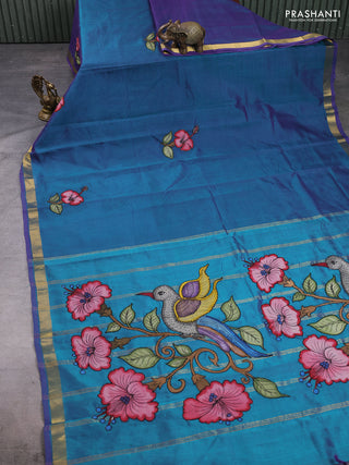 Silk cotton saree dual shade of peacock green with kalamkari applique work and zari woven border