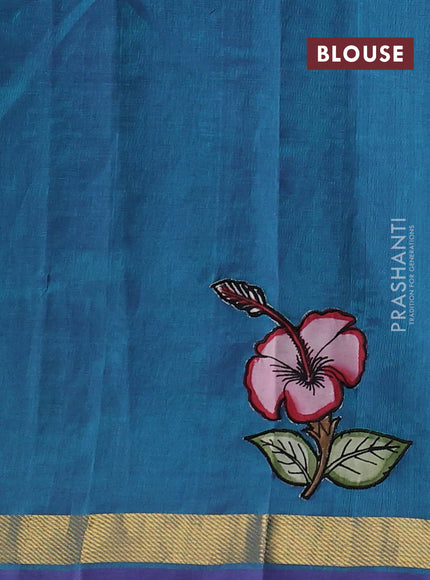 Silk cotton saree dual shade of peacock green with kalamkari applique work and zari woven border