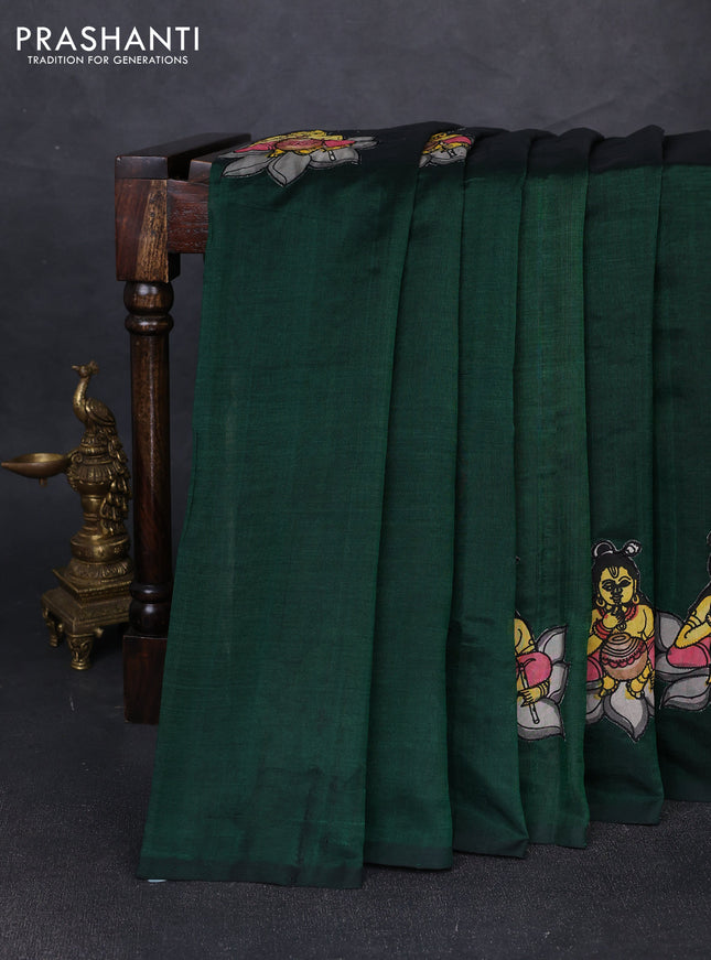 Silk cotton saree bottle green with kalamkari applique work in borderless style