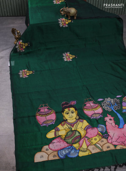 Silk cotton saree bottle green with kalamkari applique work in borderless style