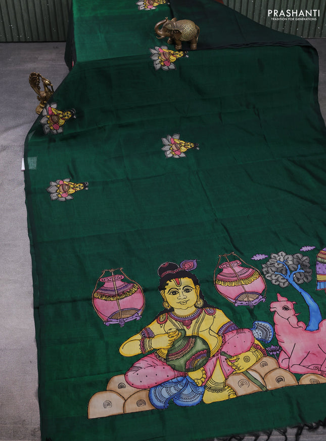Silk cotton saree bottle green with kalamkari applique work in borderless style
