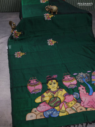 Silk cotton saree bottle green with kalamkari applique work in borderless style