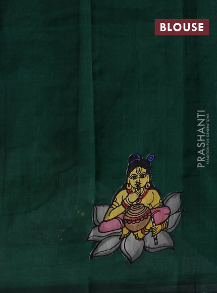 Silk cotton saree bottle green with kalamkari applique work in borderless style