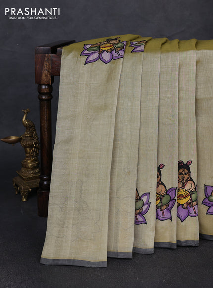 Silk cotton saree elaichi green and bottle green with kalamkari applique work and piping border