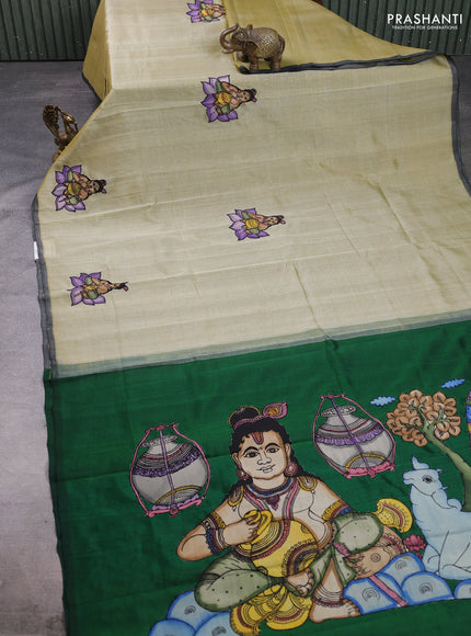 Silk cotton saree elaichi green and bottle green with kalamkari applique work and piping border
