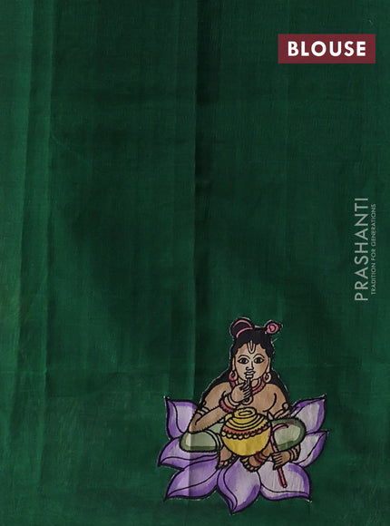 Silk cotton saree elaichi green and bottle green with kalamkari applique work and piping border