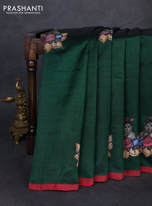 Silk cotton saree bottle green and red with kalamkari applique work and piping border