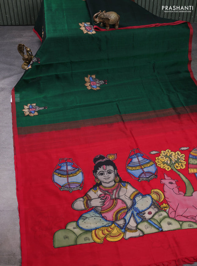 Silk cotton saree bottle green and red with kalamkari applique work and piping border